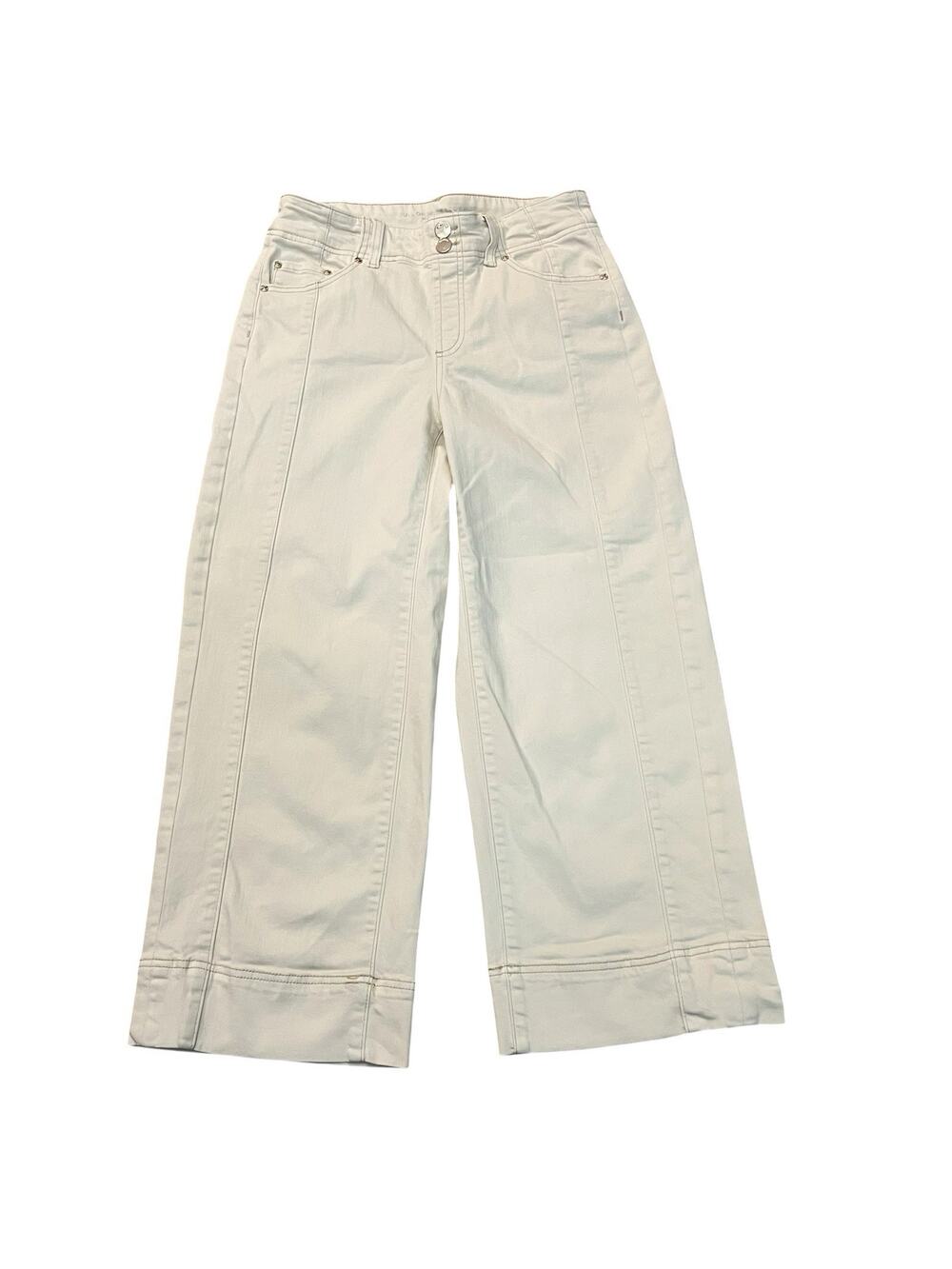 Chicos Pull On Wide Leg Crop Jeans 0/Small/4 Cream Stretchy Faux Button Casual